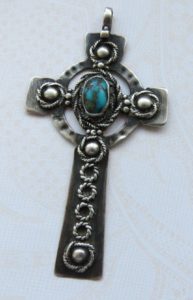 Mary Thew. Matirx turquoise and silver Celtic cross pendant, signed on the back with Mary's 'T' mark. Her signed pieces are very rare. For sale on Etsy: click on photo for details.