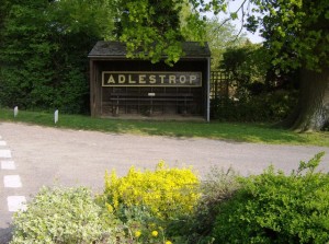 Adlestrop station sign, now in the bus shelter at Adlestrop. Photo by Graham Horn.
