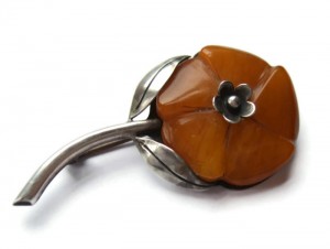 Faux amber and 830 silver flower brooch, possibly Danish.