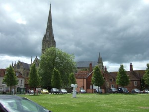 Salisbury Cathedral viewed from the front gate of Mompesson House, 11 June 2014. Peregrines nesting on the spire just out of shot!