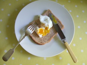 Breakfast (one of the Cotswold Legbar eggs).