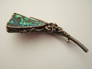 Arts and Crafts abalone and silver brooch, attributed to Scottish jeweller Mary Thew.