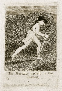'The Traveller hasteth in the Evening 14 Publishd 17 May 1793 by WBlake Lambeth' Engraving from 'For Children. The Gates of Paradise', by William Blake, 1793.