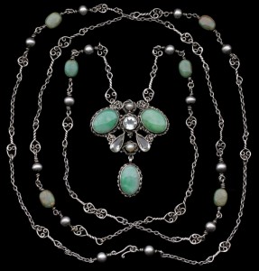 Mary Thew. Silver, jade, goshenite and peal pendant and necklace. Sold by tadema Gallery.