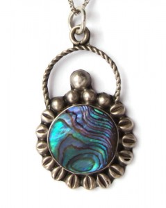 Vintage Mexican sterling silver and abalone pendant and chain, for sale at Inglenookery.