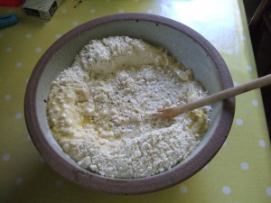 Flour, salt, oil, yeast and water mix.