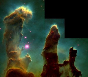 M16: Pillars of Creation. Pillars of evaporating gaseous globules emerging from pillars of molecular hydrogen gas and dust in the Eagle Nebula, which is associated with the open star cluster M16. Photo by J. Hester and P. Scowen.