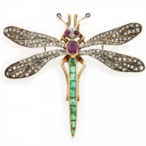 Victorian emerald, ruby and rose-cut diamond dragonfly brooch.