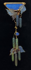 Rene Lalique corsage ornament in opal, enamel, glass and gold, with a willow catkins motif, c. 1904.