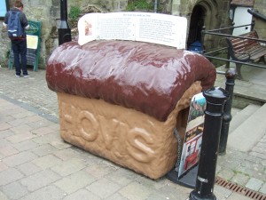 The Hovis bread loaf collecting box, outside Shaftesbury Town Hall near the top of Gold Hill.