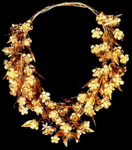 Wreath of gold myrtle leaves and flowers, found in the tomb of Philip II of Macedon at Vergina, Greece.