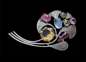 Brooch by Edith Linnell, with silver, tourmaline, citrine and moonstone. Sold by Tadema Gallery.