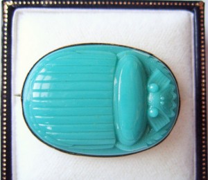 Early Victorian turquoise glass scarab brooch.