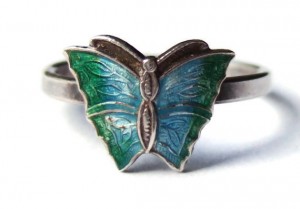 Vintage guilloche enamel and silver butterfly ring, 