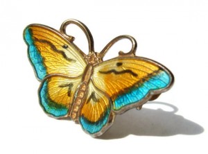 Horar Prydz small utterfly brooch, silver, vermeil and guilloche enamel, 1950s, for sale in my Etsy shop.