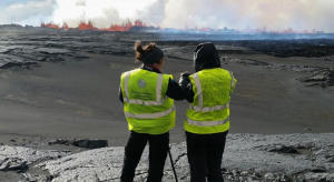 Researchers from the University of Cambridge and the University of Iceland, 31 August 2014, at the fissure near Bárðarbunga, Iceland.