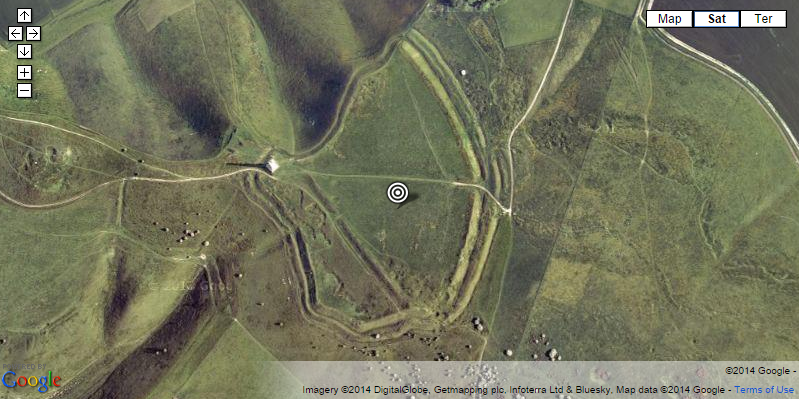 Aerial photo of Oldbury. The Lansdowne Monumnet is visible within the north-western part of the Iron Age hillfort. Photo by Google.