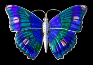 Charles Horner enamel and sterling silver butterfly brooch, hallmarked Chester, 1918. For sale at Tadema Gallery.