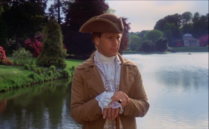 Barry Lyndon (Ryan O'Neal) on the bridge at Stourhead, with the Pantheon in the background. 