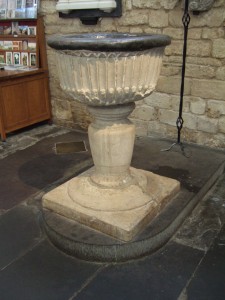 The 17th century font in Malmesbury Abbey.