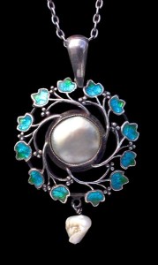 Jessie M King for Liberty & Co. Silver pearl and enamel pendant. Liberty model number 9257. Sold by Tadema Gallery.