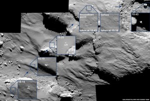 Philae landing on the comet, taken from Rosetta.