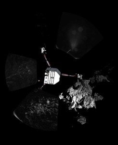 Panoramic image series taken by Philae, with a sketch of the lander itself superimposed indicating its probable orientation. 