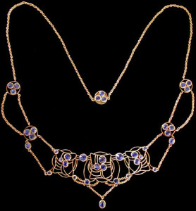Jessie M King design for Liberty & Co. A Glasgow School gold and sapphire necklace, Liberty pattern Book model 8498. Sold by Van Den Bosch.
