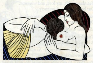 A hand-tinted version of the Eric Gill woodcut in an edition of The Song of Songs, published by the Golden Cockerel Press, 1925.