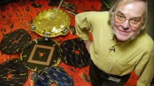 Professor Colin Pillinger and a model of Beagle 2.