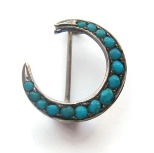 Persian turquoise crescent moon brooch. For sale in my Etsy shop: click on photo for details. #433.