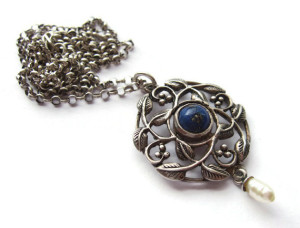 Vintage Arts and Crafts style pendant with pearl dangle.