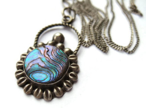 Vintage Mexican abalone and silver pendant and chain.