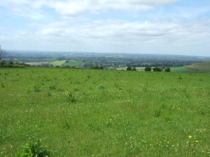 View looking south-east into Blackmore Vale, with the village of Fontmell Magna in the foreground of the vale.