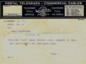 Turner's cable to the Lowell Observatory. Lowell Observatory Archives.