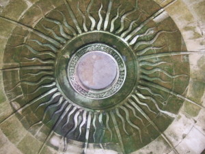Domed stone ceiling with carved sun-ray motif in the Temple at the Larmer Tree Gardens.