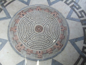 The maze mosaic in the floor of the Temple at the Larmer Tree Gardens. 