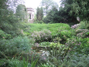 View of the Temple across the ornamental ponds at the Larmer Tree Gardens. 
