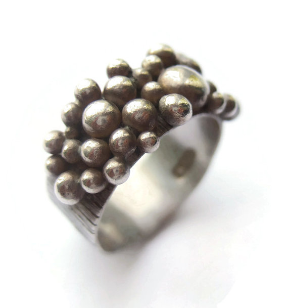 Sterling silver ring with granulated bobbles, made in London in 1973. For sale in my Etsy shop: click on photo for details.