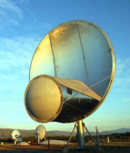 A radio telescope at SETI (Search for Extraterrestrial Intelligence) Institute's Allen Telescope Array (ATA), a set of 42 radio dishes in Northern California designed to pick up extraterrestrial signals. Photo by David Schlom.