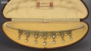 Arts and Crafts fringe necklace, c. 1905, in its original Liberty case. I am sure this is designed by Jessie M King.