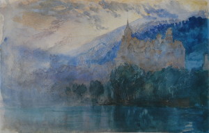 John Ruskin. The Chateau of Neuchatel at dusk, with Jura mountains beyond. 1866, pencil and watercolour, 13.3 x 21 cm.