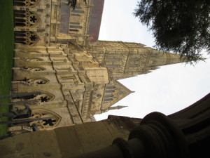 The 123 m (404 feet) high spire seen from the Cloisters.
