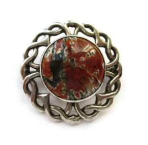 Moss agate Celtic brooch by Thomas Kerr Ebbutt, hallmarked Edinburgh 1965. 