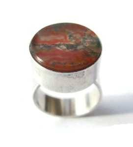Vintage modernist ring by N E From with moss agate.