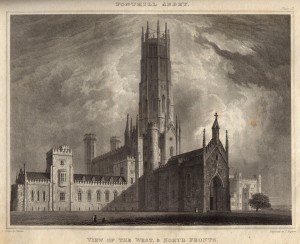 Fonthill Abbey: View of the west and north fronts from John Rutter's Delineations of Fonthill (1823)