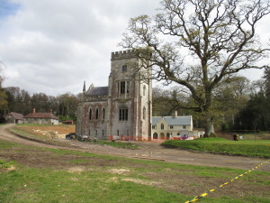 Fonthill Abbey ruins: all that remains, part of the north wing. A modern house has been built in the last year behind it and attached to some of the cloistered arcading.