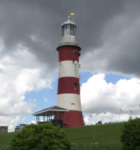 Smeaton's Tower on Plymouth Hoe on a rainy May day.
