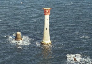 The stump of Smeaton's Lighthouse on the left, with the present-day Eddystopne Lighthouse on the right. Photo by Steve Johnson.