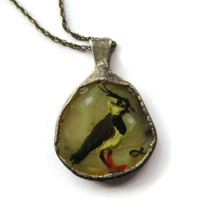 Vintage handpainted lapwing pendant in sterling silver handmade surround with chain. For sale in my Etsy shop: click on photo for details.